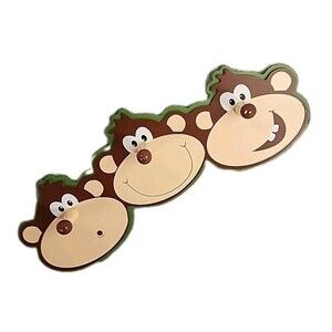 Monkey 3 peg Painted Wooden Coat Hanger Jungle Safari Nursery 14x5.5" Happy